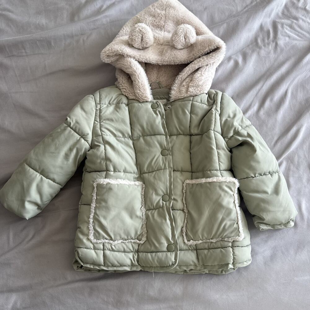 Jessica Simpson Puffer Jacket Kids Girls 3T Green Faux Fur Hoodie Bear Ears
